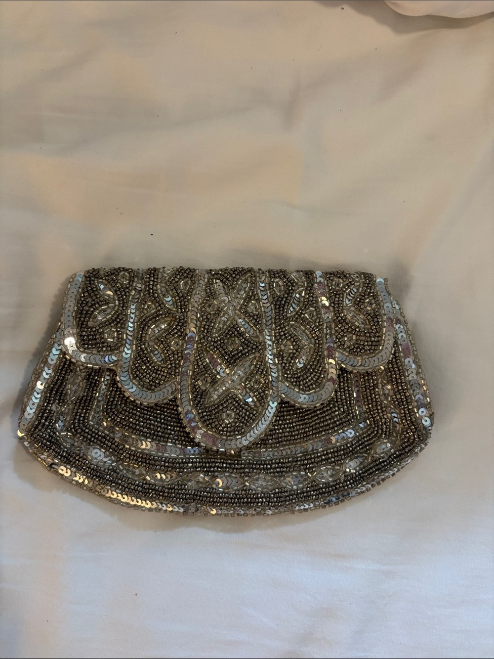 Embellished Silver Sequin Evening Mini Clutch